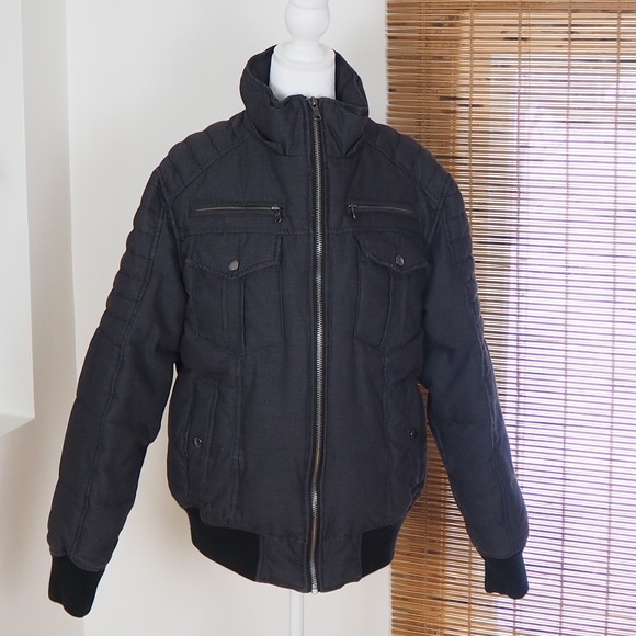 Express Men's Down Filled Utility Bomber Jacket Sz Medium Y2K Style Gray Canvas